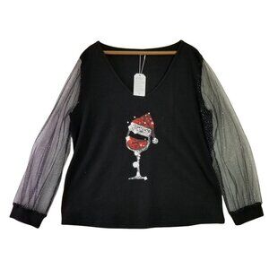 Black Pullover Top Plus size 2X Sheer Long Sleeves Santa Wine Glass Front